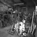 An old car and tractor in a shed, A Black and White Life in Concrete, Stuston, Suffolk - 3rd September 1992