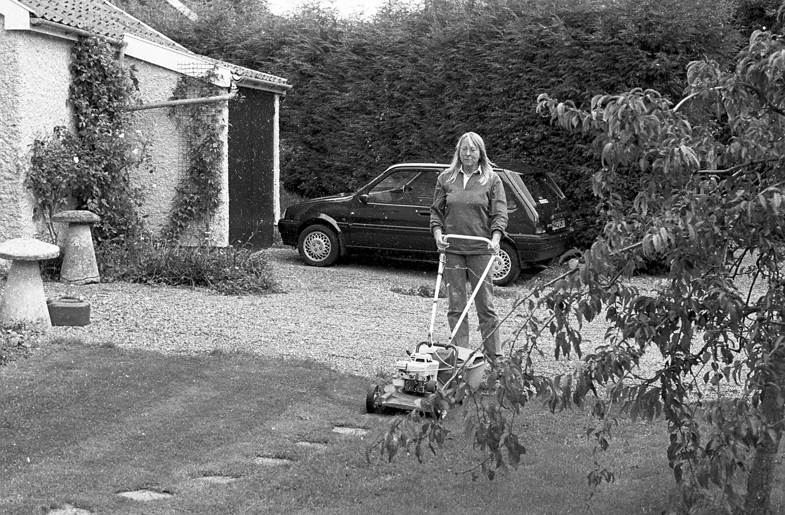 'Mad' Sue mows her lawn, from A Black and White Life in Concrete, Stuston, Suffolk - 3rd September 1992