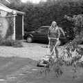'Mad' Sue mows her lawn, A Black and White Life in Concrete, Stuston, Suffolk - 3rd September 1992