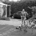 'Mad' Sue mows her lawn, A Black and White Life in Concrete, Stuston, Suffolk - 3rd September 1992