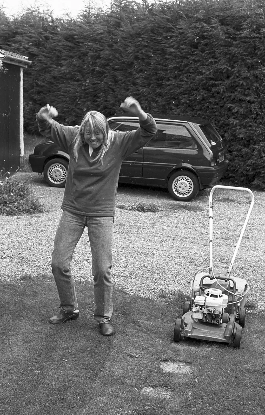 Sue and a lawnmower, from A Black and White Life in Concrete, Stuston, Suffolk - 3rd September 1992