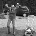 Sue and a lawnmower, A Black and White Life in Concrete, Stuston, Suffolk - 3rd September 1992