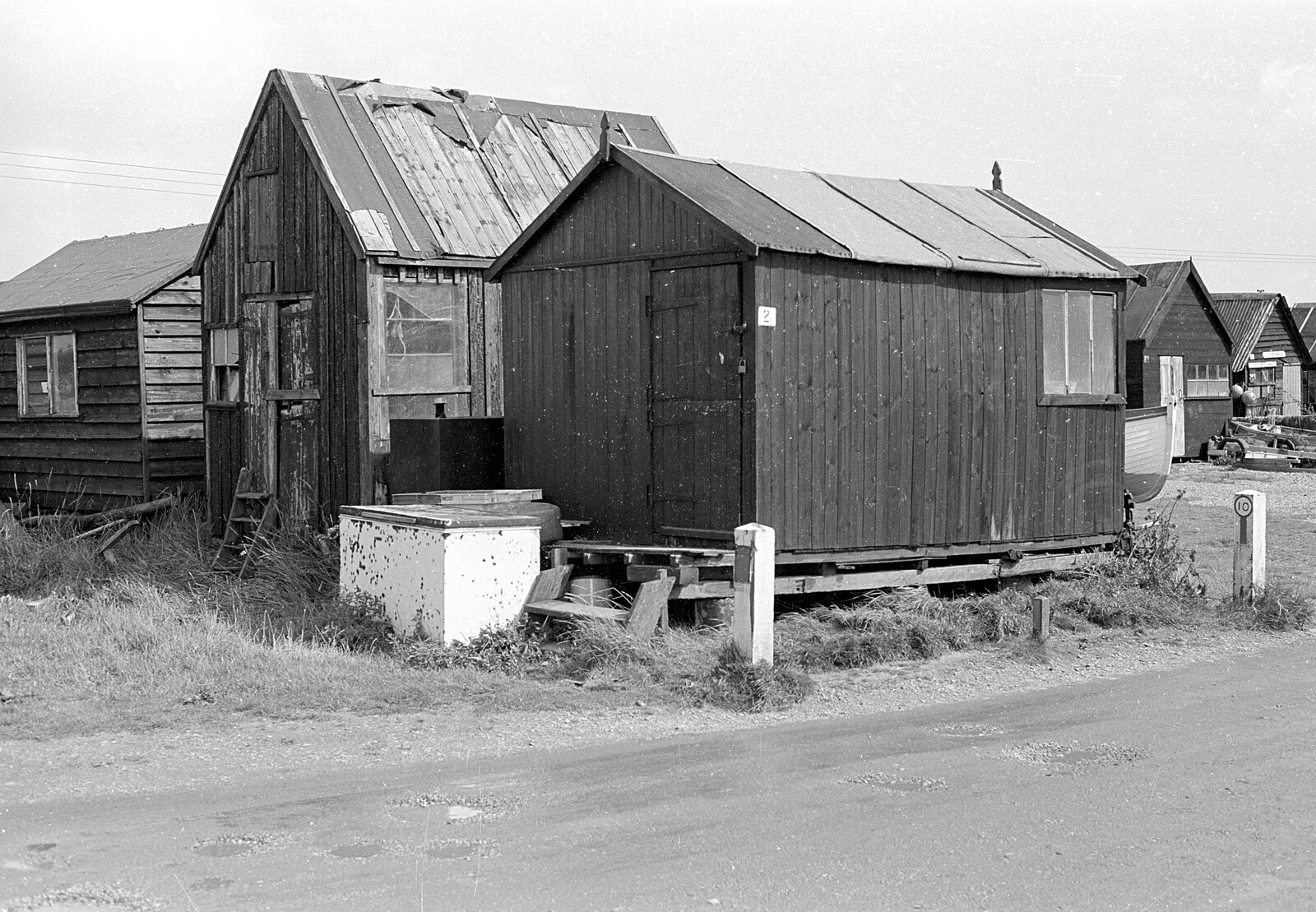 More old fishermen's huts on Blackshore from Blackshore Quay in Black and White, Southwold and Sizewell, Suffolk - 16th September 1992