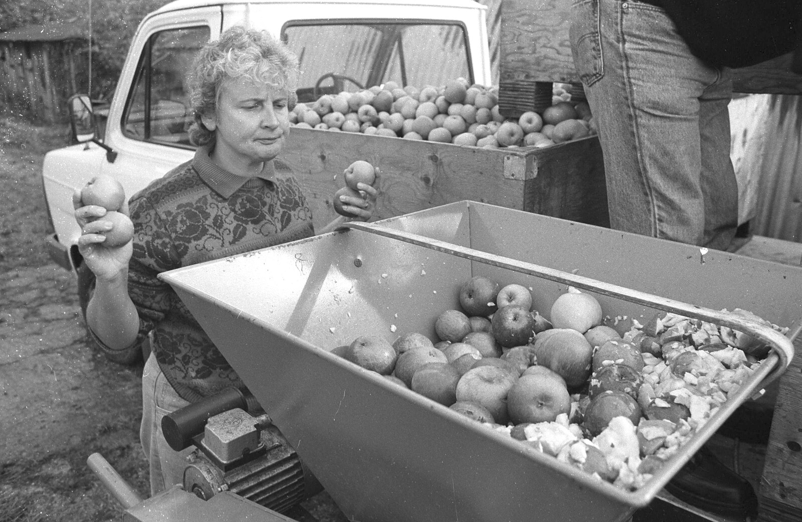 Linda Cork looks puzzled from Cider Making in Black and White, Stuston, Suffolk - 11th October 1992