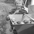 Linda by the chopper, Cider Making in Black and White, Stuston, Suffolk - 11th October 1992