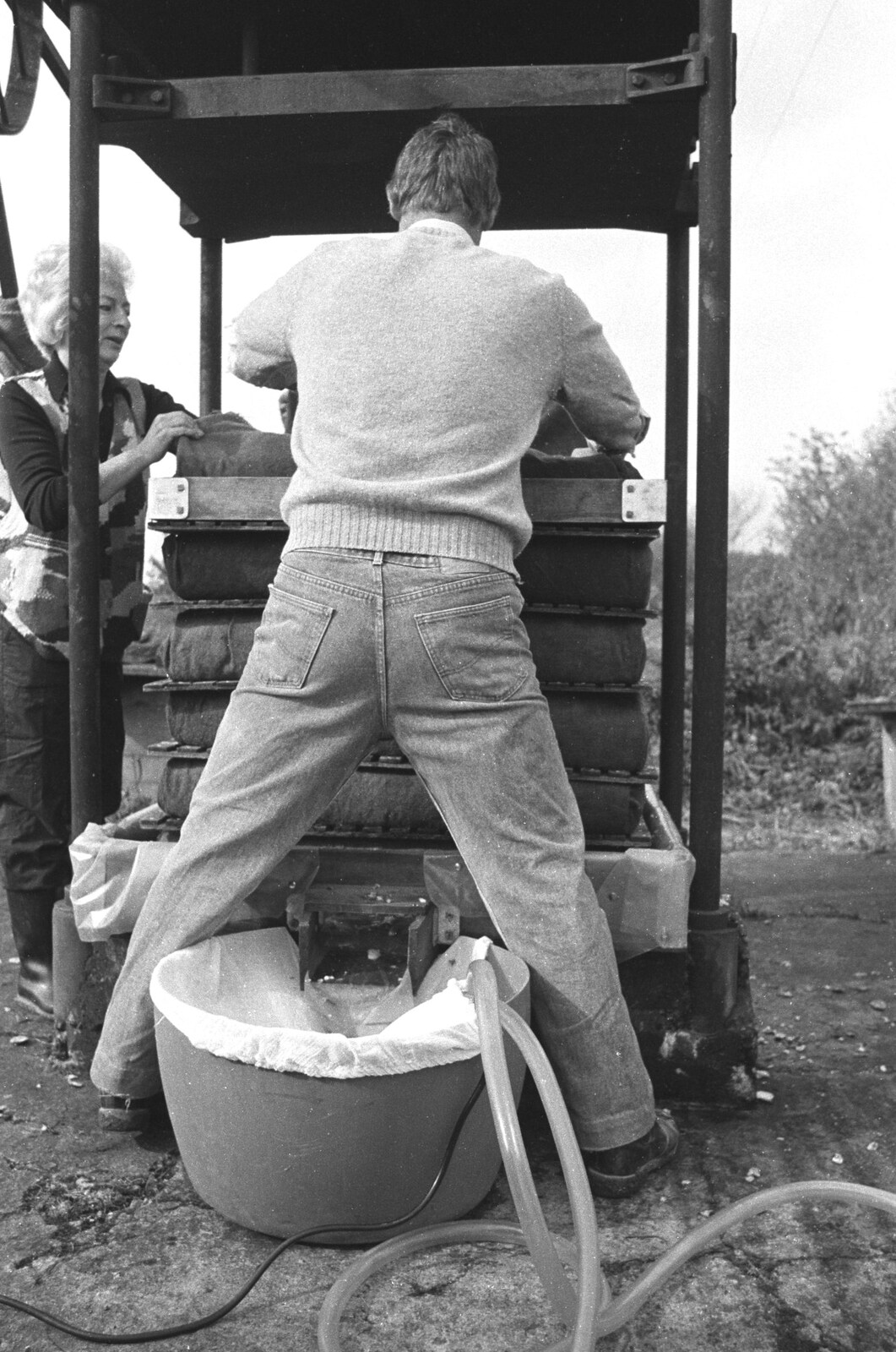 Geoff is astride the juice tank from Cider Making in Black and White, Stuston, Suffolk - 11th October 1992