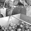 Linda lobs an apple in to the chopper, Cider Making in Black and White, Stuston, Suffolk - 11th October 1992