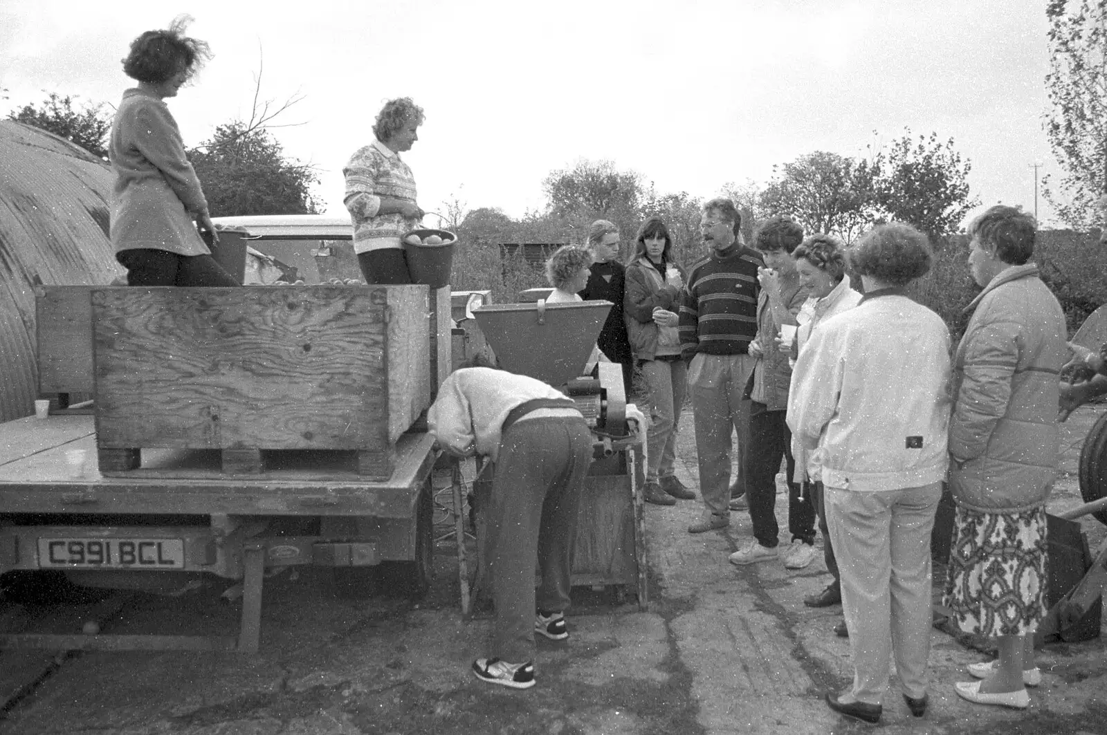 The cider gang gather around, from Cider Making in Black and White, Stuston, Suffolk - 11th October 1992