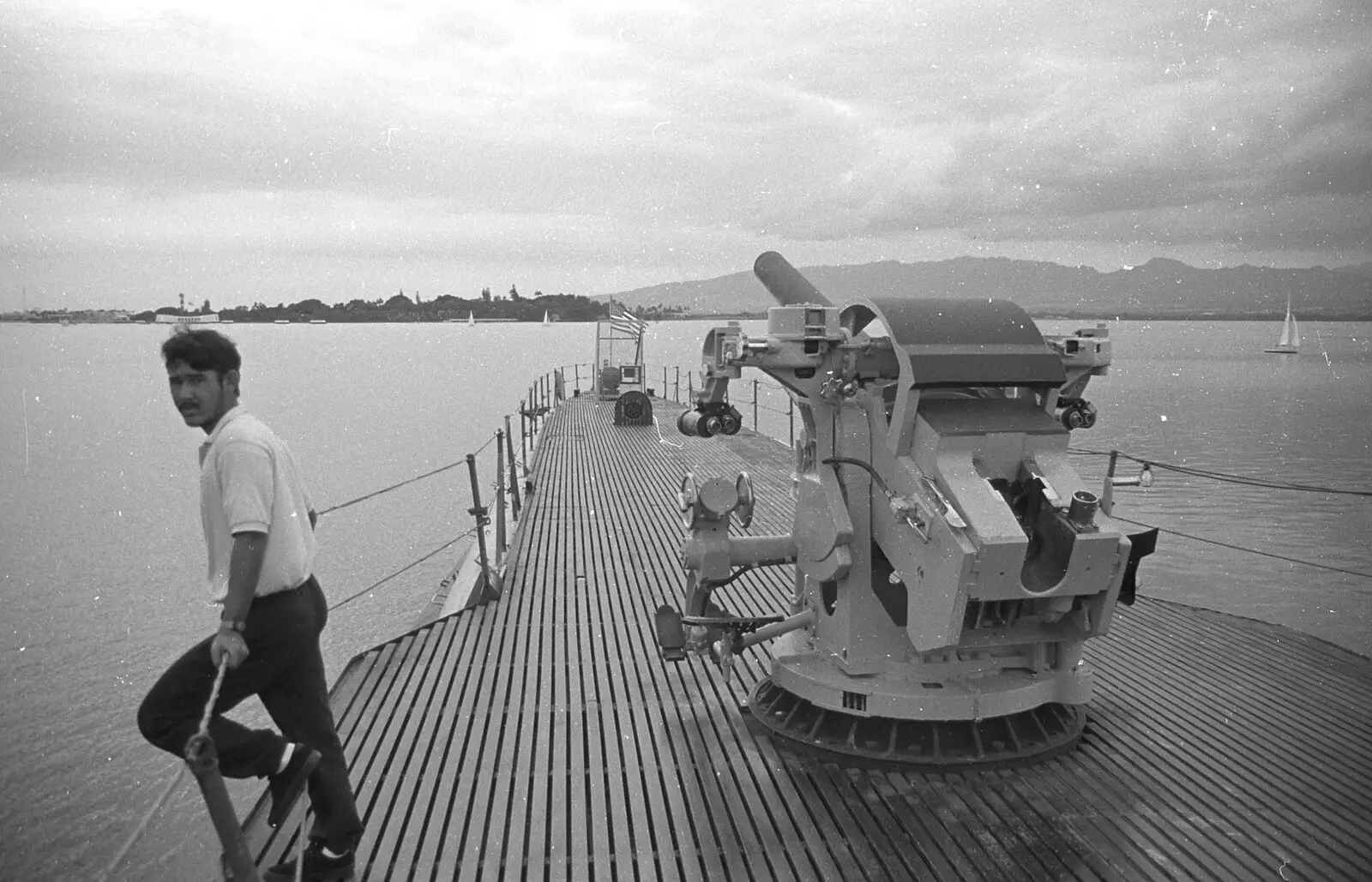 Some dude looks out from the USS Bowfin, from A 747 Cockpit, Honolulu and Pearl Harbor, O'ahu, Hawai'i, United States - 20th November 1992