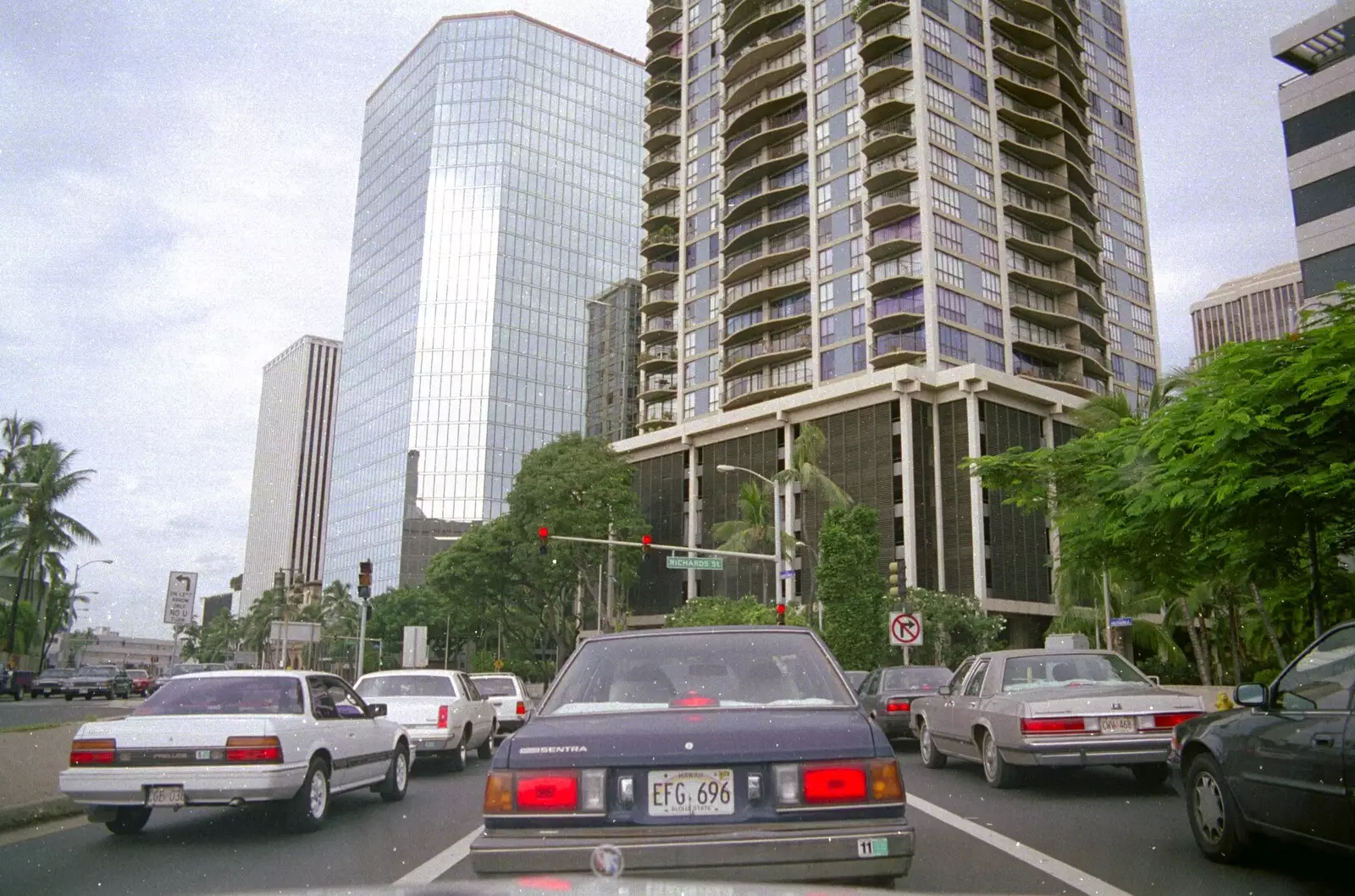 Traffic in downtown Honolulu, from A 747 Cockpit, Honolulu and Pearl Harbor, O'ahu, Hawai'i, United States - 20th November 1992