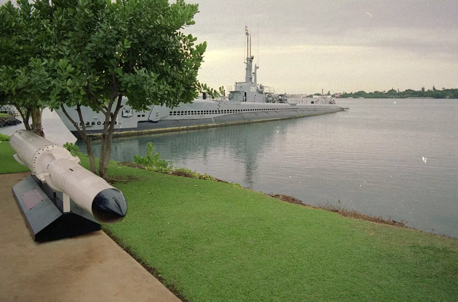 A missile and a submarine, from A 747 Cockpit, Honolulu and Pearl Harbor, O'ahu, Hawai'i, United States - 20th November 1992