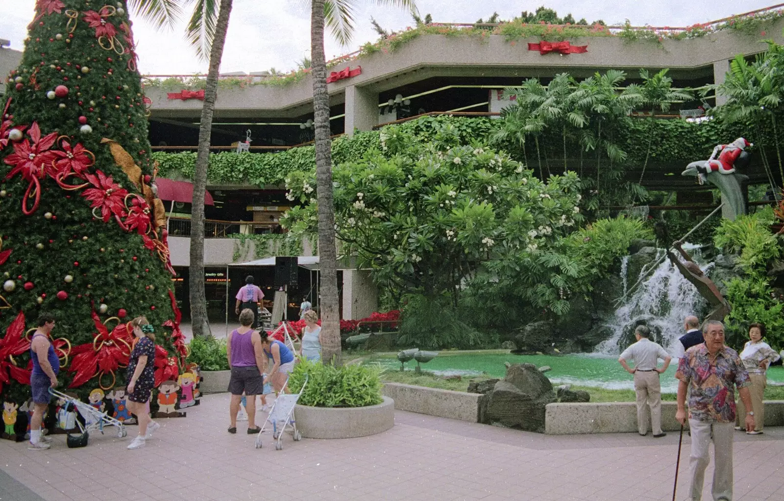 A giant Poinsettia-style Christmas tree, from A 747 Cockpit, Honolulu and Pearl Harbor, O'ahu, Hawai'i, United States - 20th November 1992