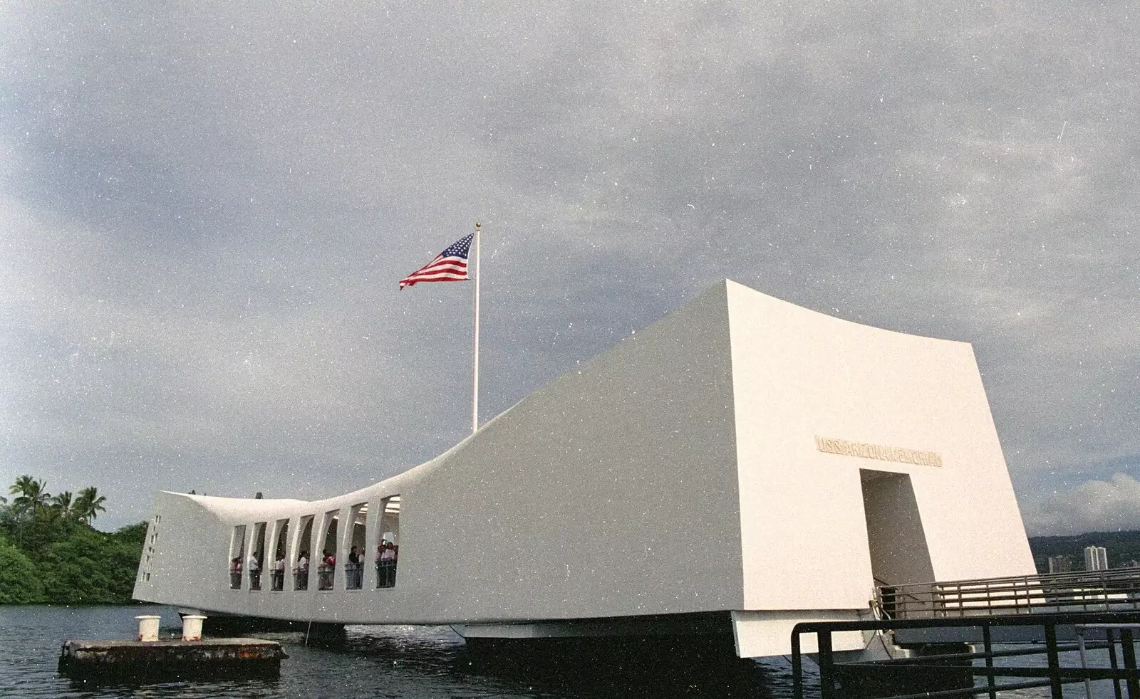 The USS Arizona memorial, from A 747 Cockpit, Honolulu and Pearl Harbor, O'ahu, Hawai'i, United States - 20th November 1992