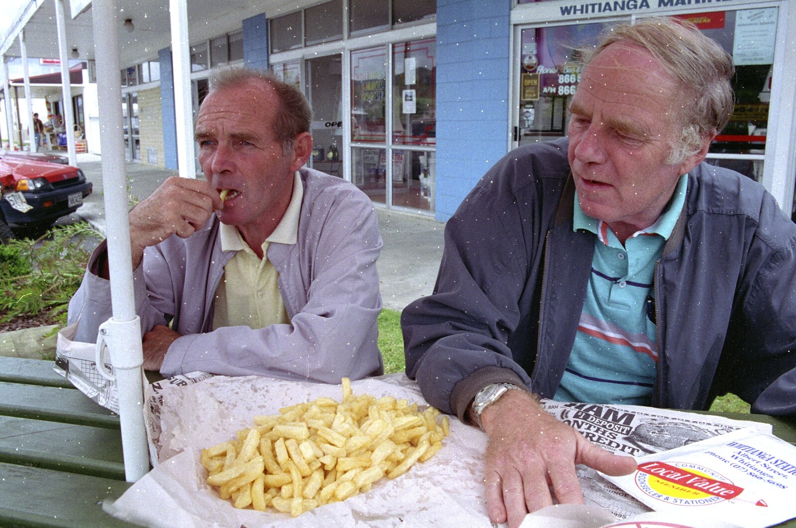 Clive and The Old Chap eat chips in Whitianga from Ferry Landing, Whitianga, New Zealand - 23rd November 1992
