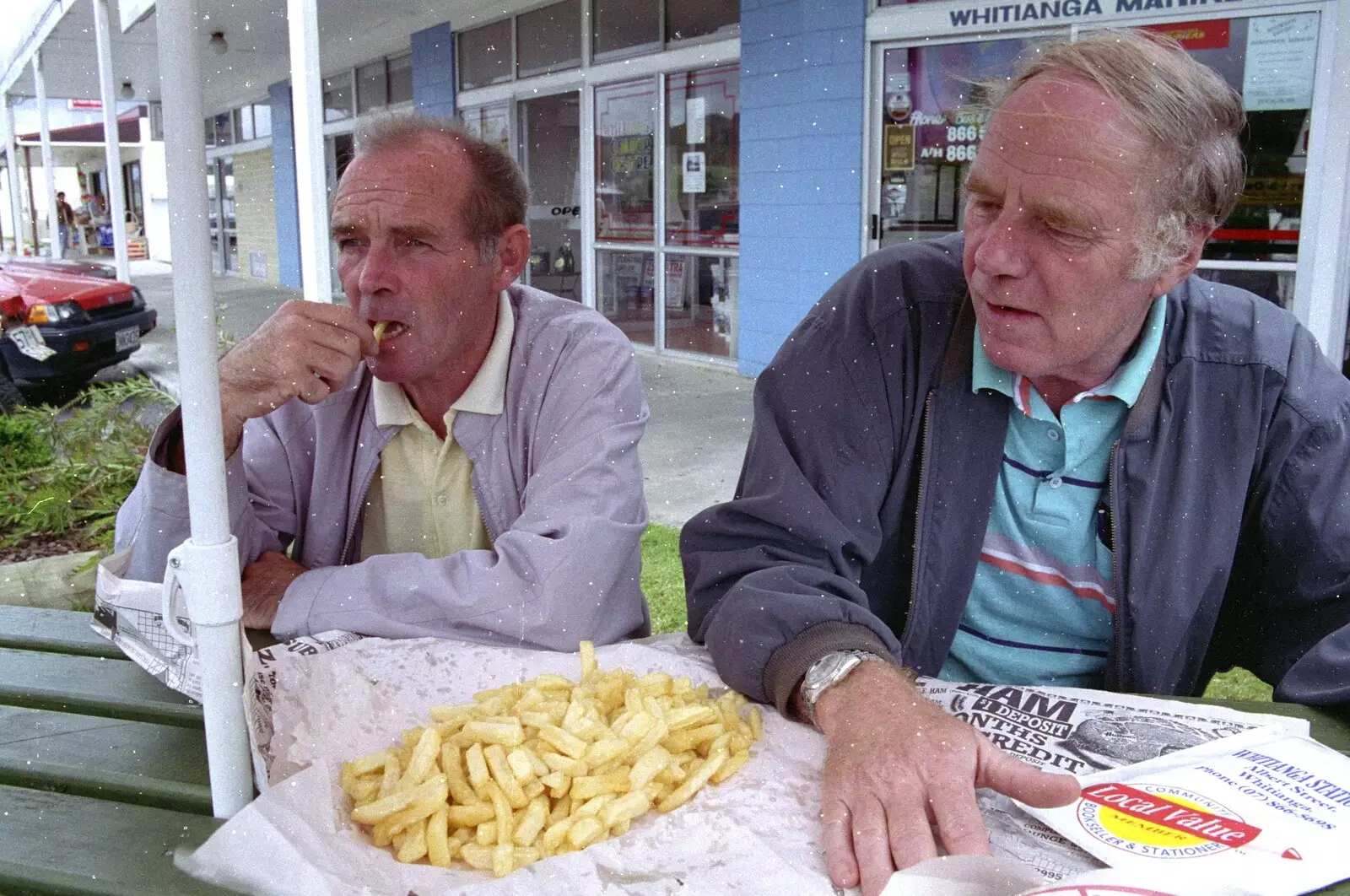 Clive and The Old Chap eat chips in Whitianga, from Ferry Landing, Whitianga, New Zealand - 23rd November 1992