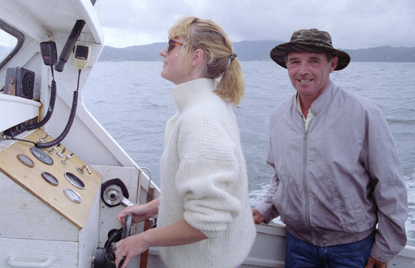 Suzanne takes the helm of the boat from Ferry Landing, Whitianga, New Zealand - 23rd November 1992