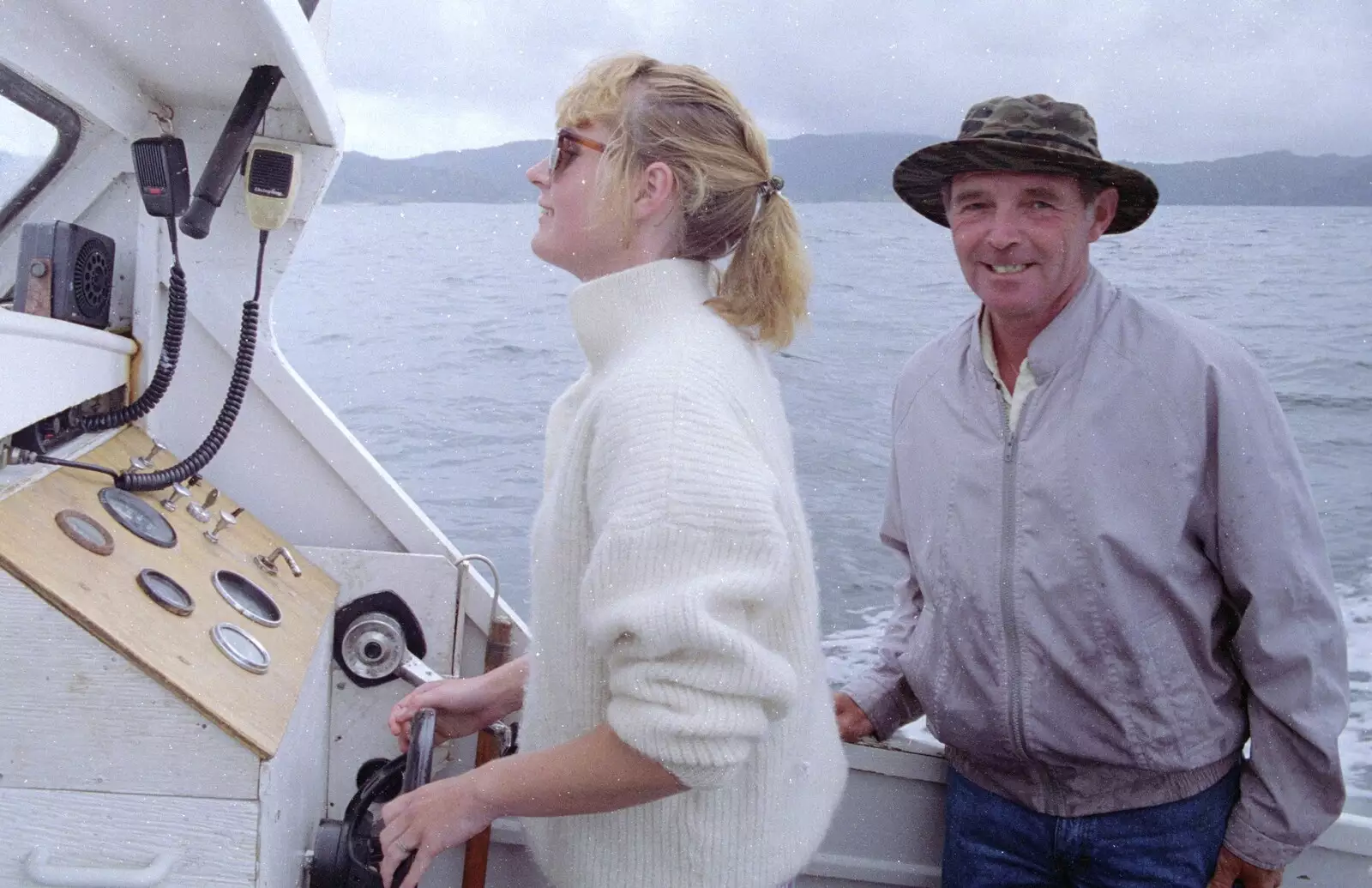 Suzanne takes the helm of the boat, from Ferry Landing, Whitianga, New Zealand - 23rd November 1992