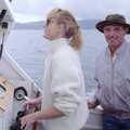Suzanne takes the helm of the boat, Ferry Landing, Whitianga, New Zealand - 23rd November 1992