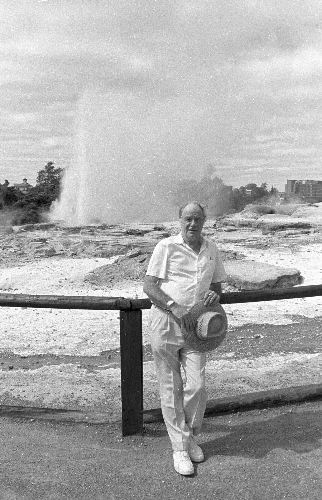 The Old Chap stands in front of the geyser at Rotorua from A Road-trip Through Rotorua to Palmerston, North Island, New Zealand - 27th November 1992