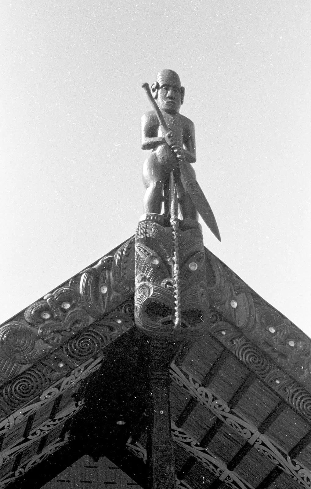 A carved Maori warrior protects a wharenui, from A Road-trip Through Rotorua to Palmerston, North Island, New Zealand - 27th November 1992