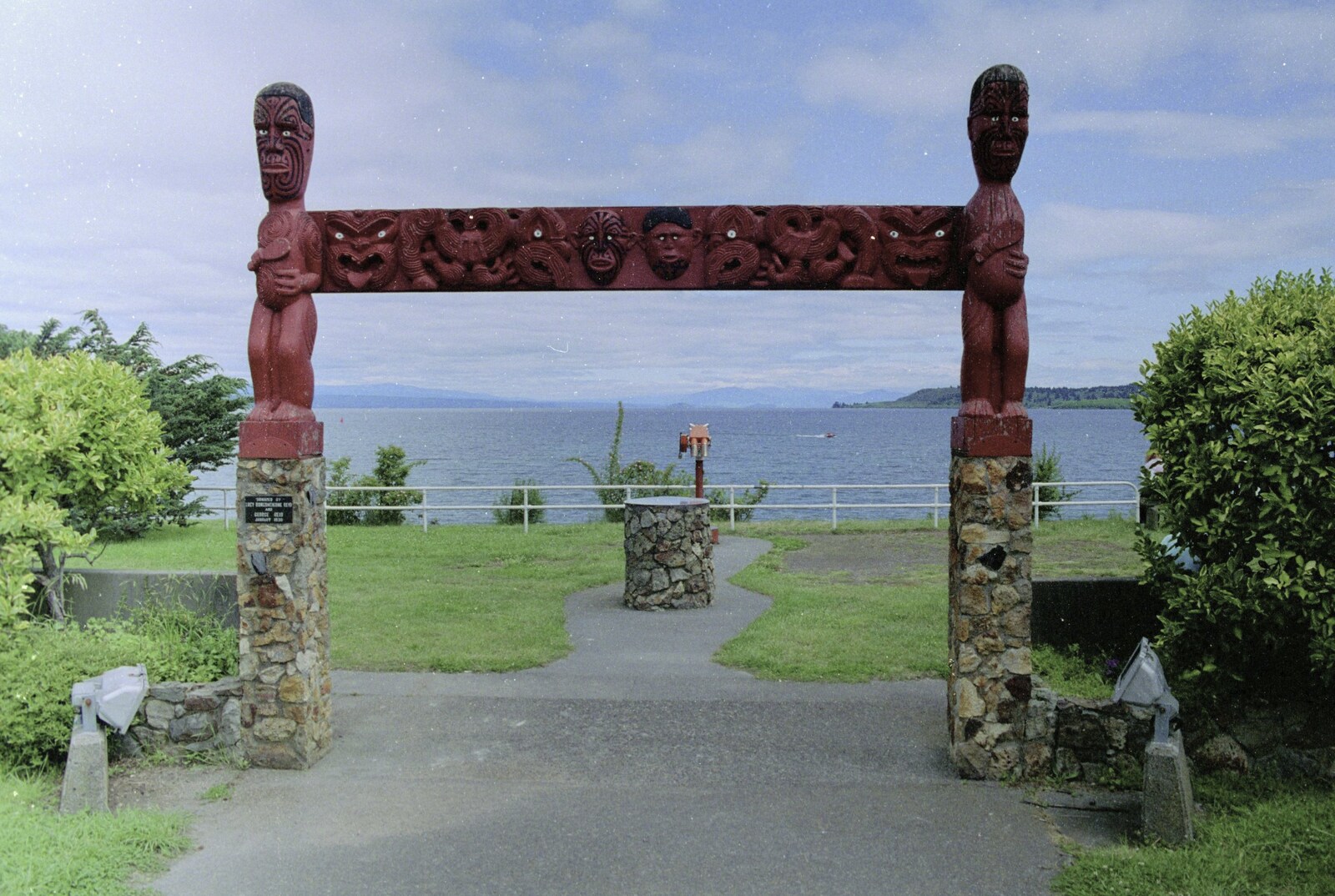 A Maori gate on the shores of Lake Taupo from A Road-trip Through Rotorua to Palmerston, North Island, New Zealand - 27th November 1992
