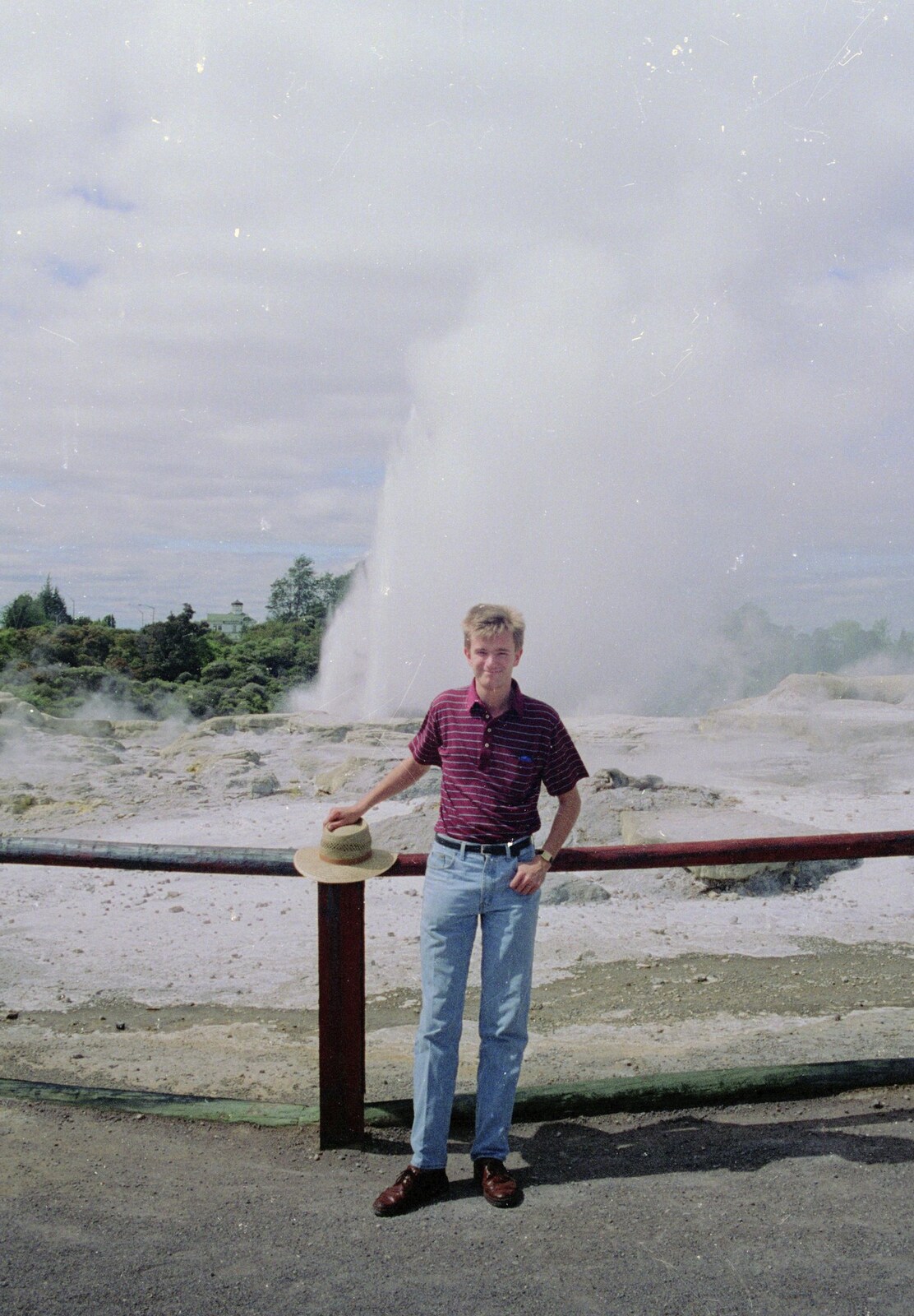Nosher and hat in front of a geyser from A Road-trip Through Rotorua to Palmerston, North Island, New Zealand - 27th November 1992