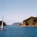 A yacht mills around in the Bay of Islands