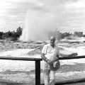 Nosher's Dad stands in front of a geyser at Rotorua