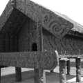 Intricately carved Maori house-on-stilts