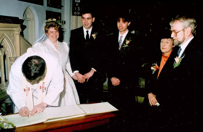 Signing the register, from Anna and Chris's Wedding, Southampton - December 1992