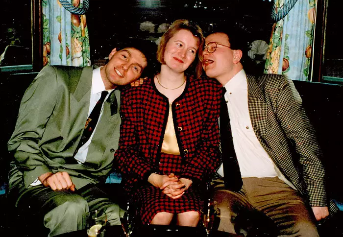 Sean, Maria and Hamish (getting his tongue out), from Anna and Chris's Wedding, Southampton - December 1992