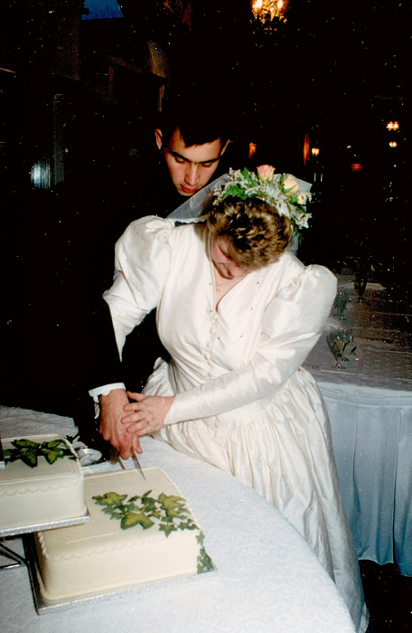 Chris and Anna cut the cake from Anna and Chris's Wedding, Southampton - December 1992