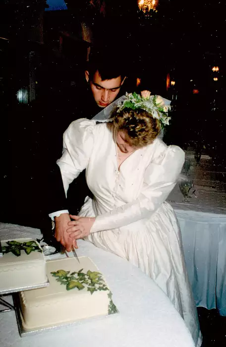 Chris and Anna cut the cake, from Anna and Chris's Wedding, Southampton - December 1992