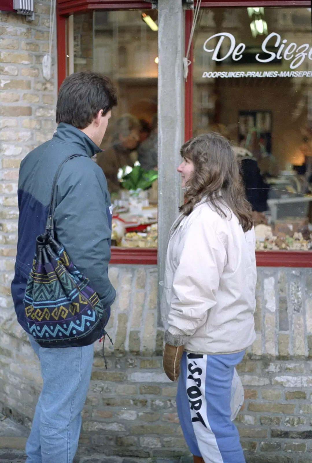 Pete looks in the window of a sweet shop, from Clays Does Bruges, Belgium - 19th December 1992