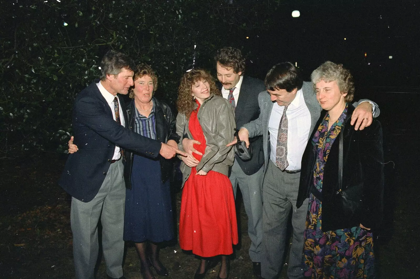 Everyone points to Monique's belly, from Clays Does Bruges, Belgium - 19th December 1992