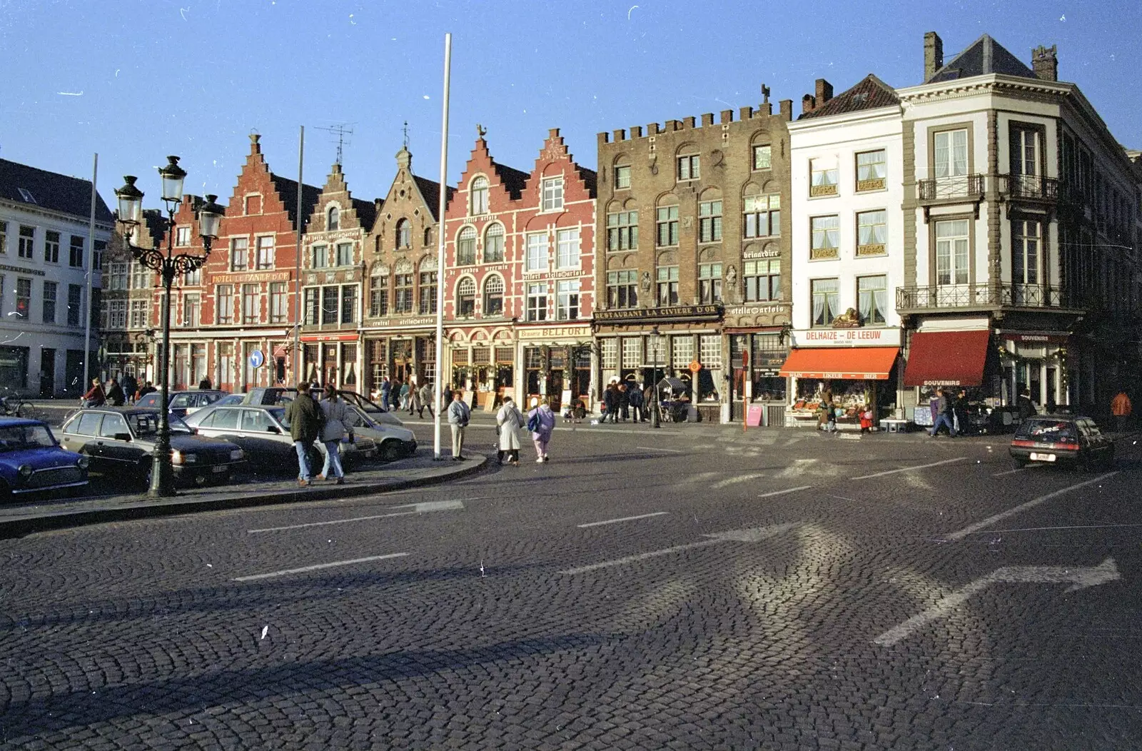 The Clays posse crosses the road, from Clays Does Bruges, Belgium - 19th December 1992