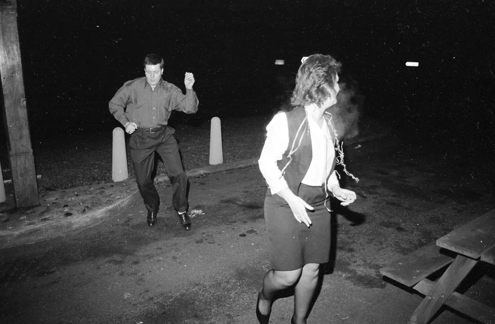 Barry and Davina dance around outside, from New Year's Eve at the Swan Inn, Brome, Suffolk - 31st December 1992