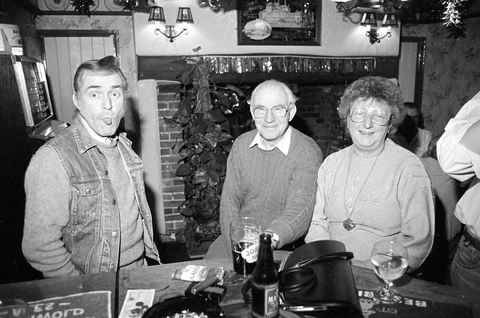 Tony 't-shirt' Guy sticks his tongue out, from New Year's Eve at the Swan Inn, Brome, Suffolk - 31st December 1992