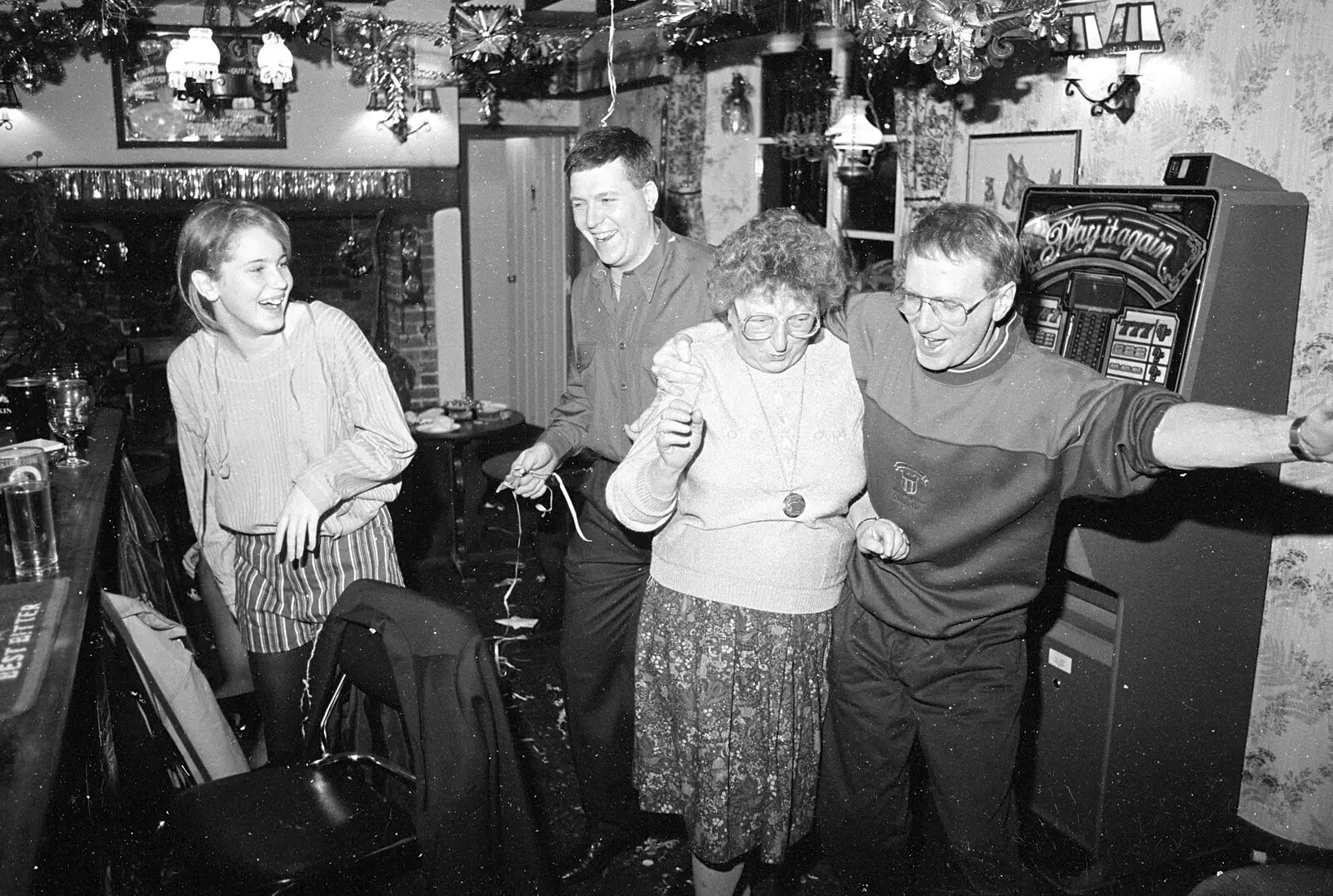 John Willy has a bop with Arline, from New Year's Eve at the Swan Inn, Brome, Suffolk - 31st December 1992