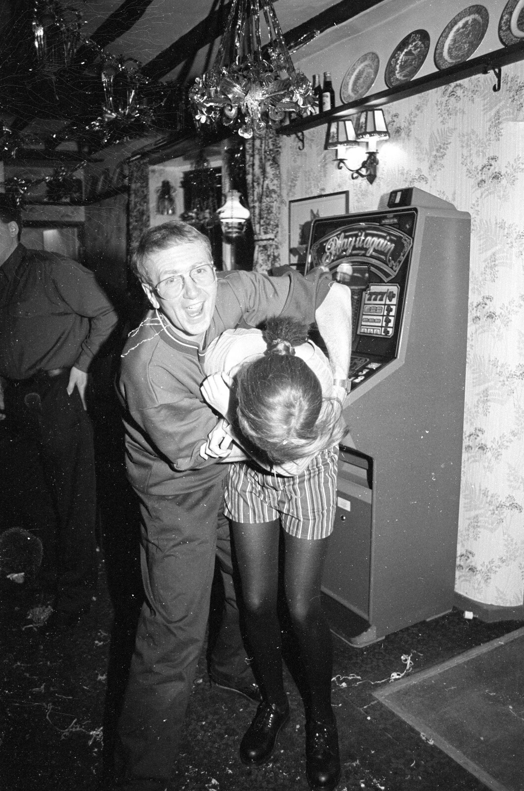 John Willy has a wrestle with Lorraine from New Year's Eve at the Swan Inn, Brome, Suffolk - 31st December 1992