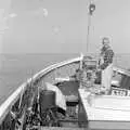 David looks back from the helm, A Fishing Trip on the Linda M, Southwold, Suffolk - 25th April 1993