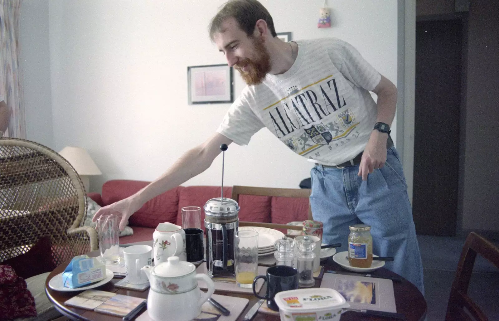 Dave reaches over for his glass, from A Trip to Mutton Cove, Plymouth, Devon - 15th May 1993