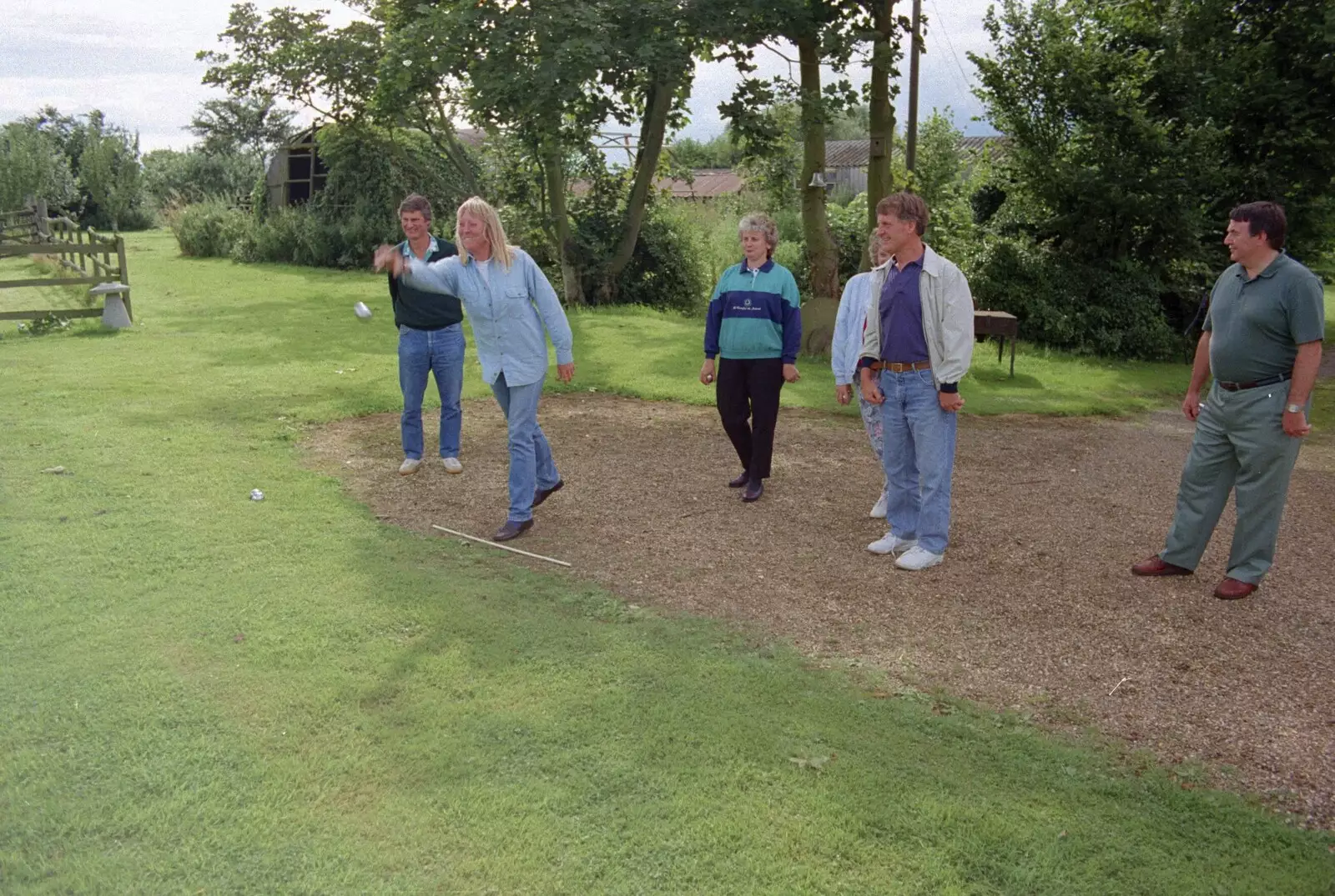 'Mad' Sue hurls a boule, from Mel Visits and a bit of Clays, Stuston and Bungay, Suffolk - 19th June 1993