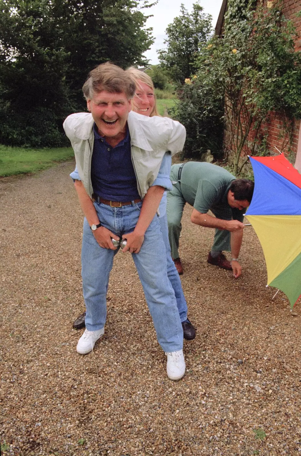 Sue pretends that Bernie's got balls of steel, from Mel Visits and a bit of Clays, Stuston and Bungay, Suffolk - 19th June 1993