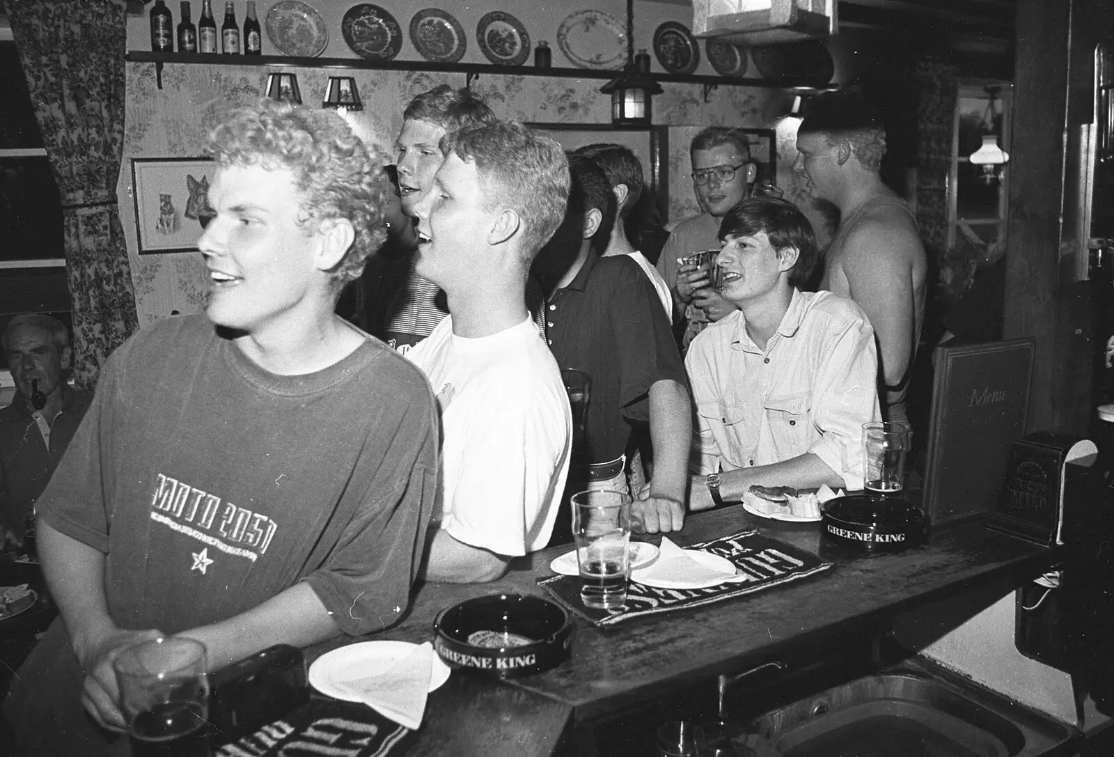 Bill, Mikey and Andy look on, from Jim's Stag Day and a Stripper, Brome Swan, Suffolk - 17th July 1993