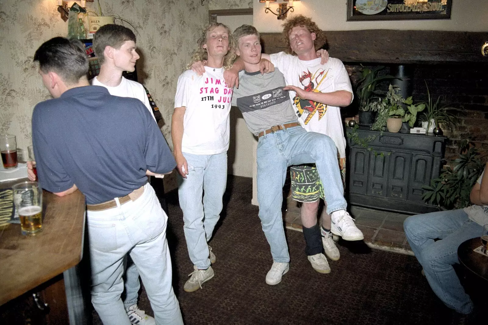 Jimmy, Mikey and Wavy dance around, from Jim's Stag Day and a Stripper, Brome Swan, Suffolk - 17th July 1993