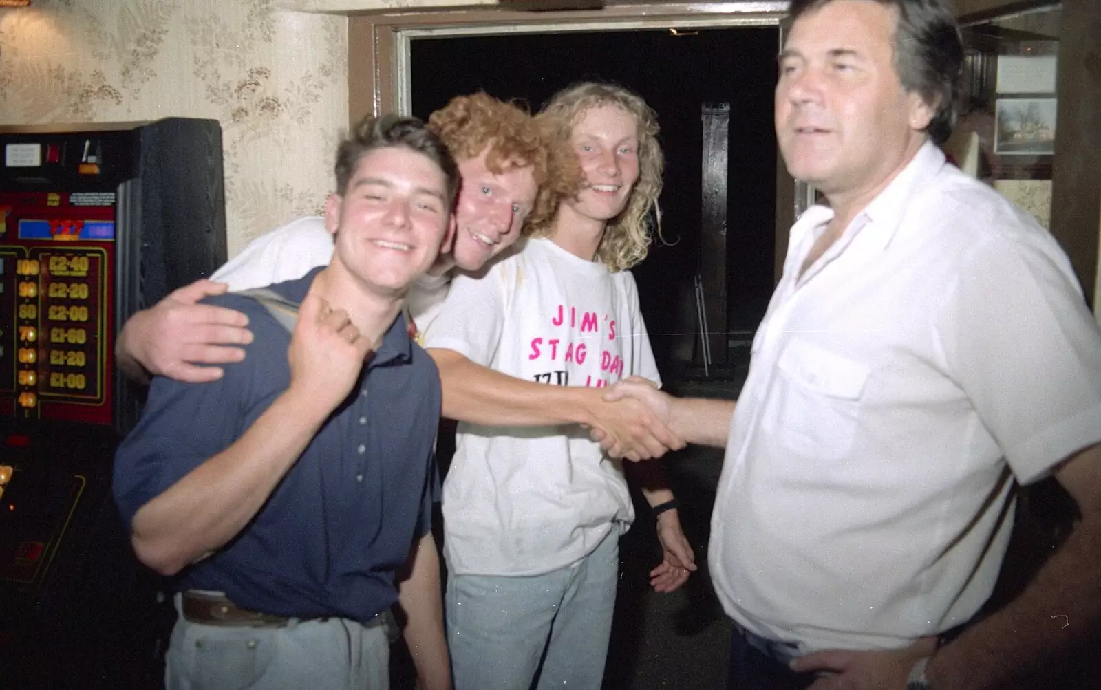 Wavy shakes Alan's hand, from Jim's Stag Day and a Stripper, Brome Swan, Suffolk - 17th July 1993