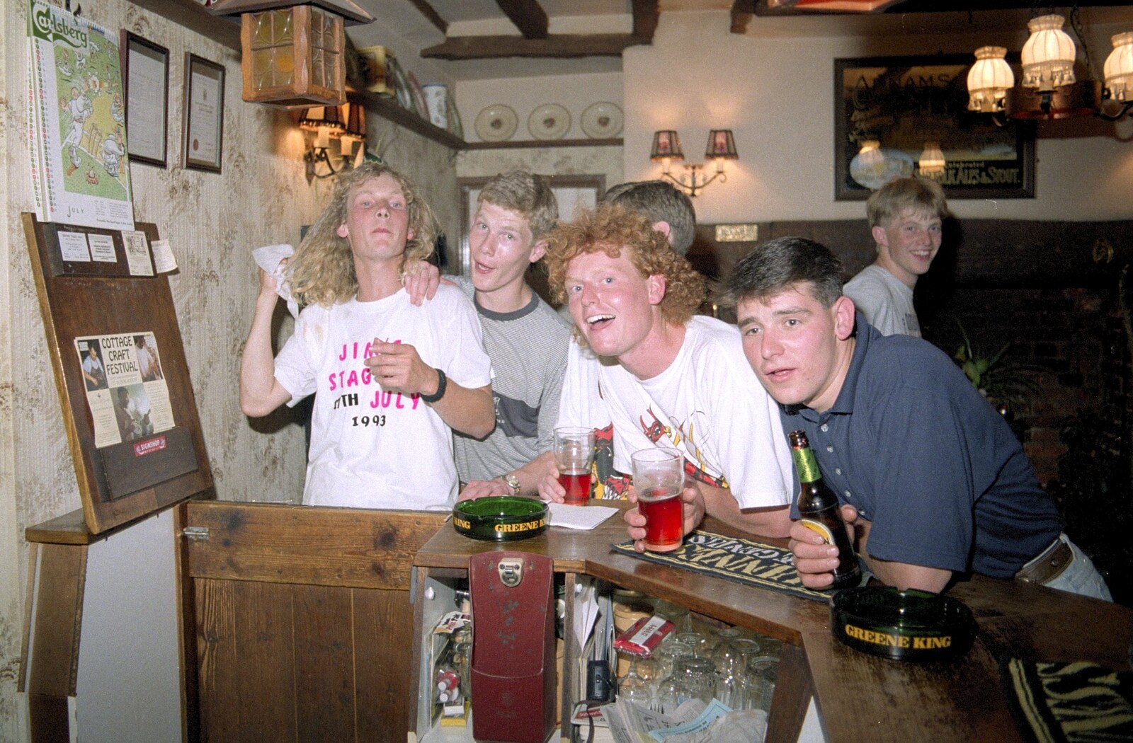 Jim, Andy, Wavy and Ricey at the bar from Jim's Stag Day and a Stripper, Brome Swan, Suffolk - 17th July 1993
