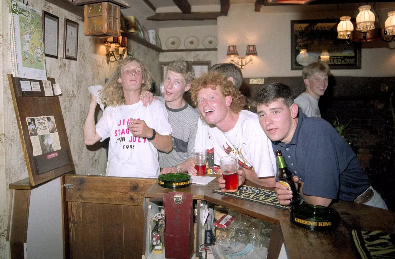 Jim, Andy, Wavy and Ricey at the bar, from Jim's Stag Day and a Stripper, Brome Swan, Suffolk - 17th July 1993