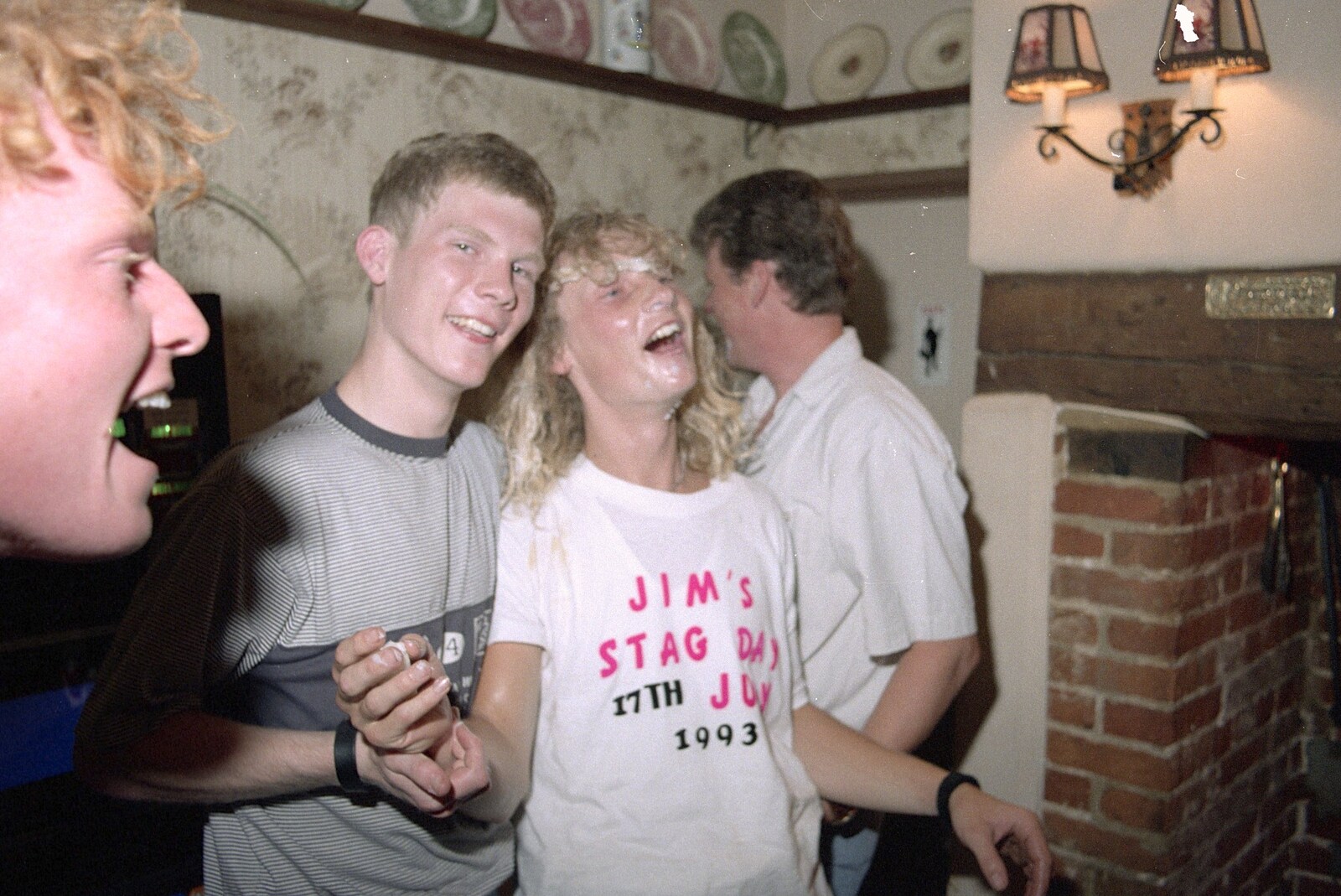 Jim's head is all larded up from Jim's Stag Day and a Stripper, Brome Swan, Suffolk - 17th July 1993